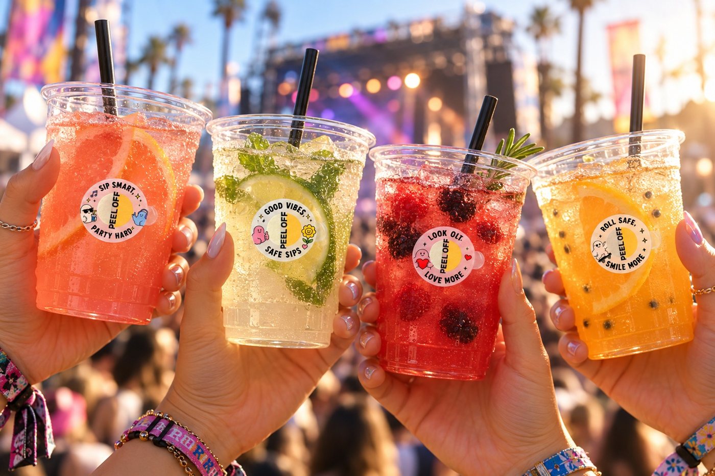 Four friends raising festival drinks, each cup wearing a different BeSuro™ sticker