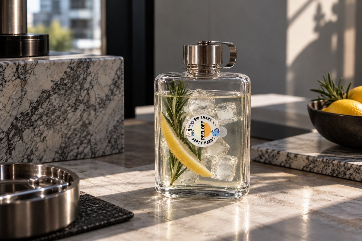 BeSuro™ Sip Smart sticker on a glass flask of iced drink