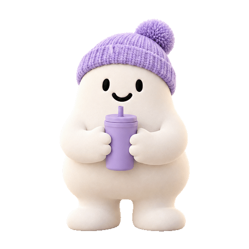 Squee-P in the ivory skin in a beanie sipping from a cup