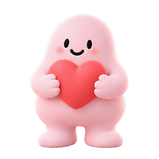 Squee-P in the pink skin hugging a heart