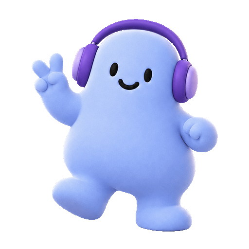 Squee-P in the blue skin wearing headphones and waving