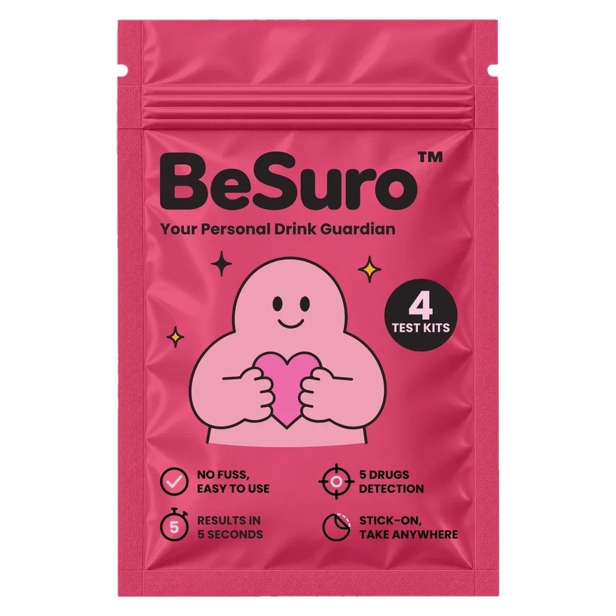 BeSuro™ Electric Flamingo pink pouch, 4 test kits