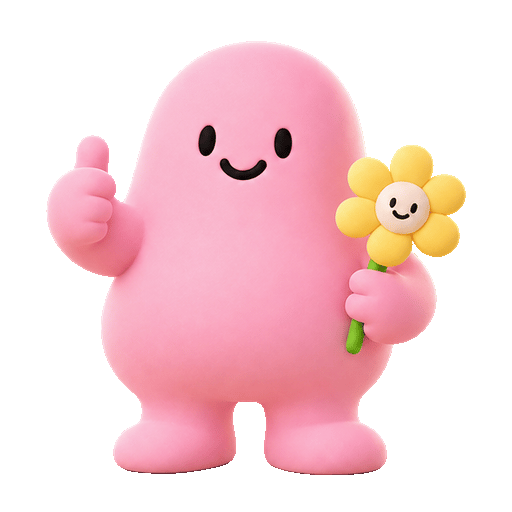 Squee-P in the pink skin holding a flower and giving a thumbs up